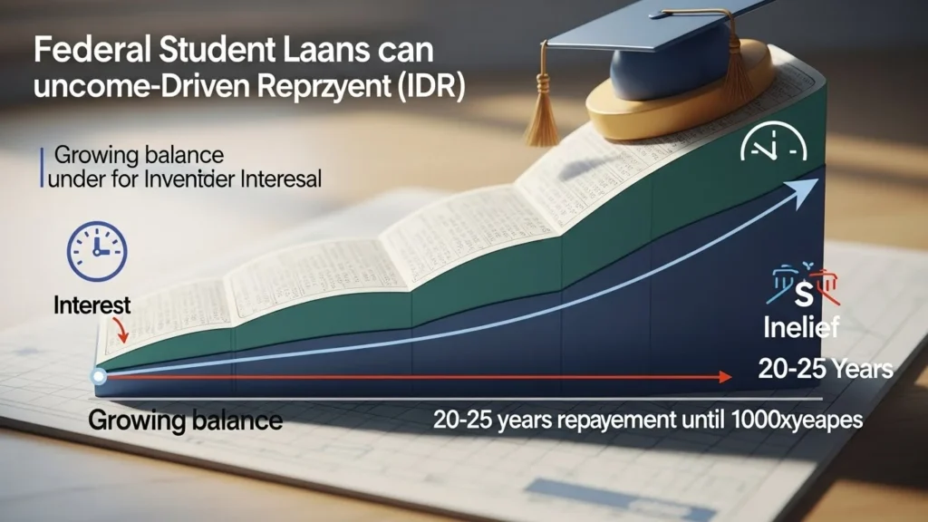 Federal student loan balance graph with question mark showing how interest and capitalization can cause ongoing growth