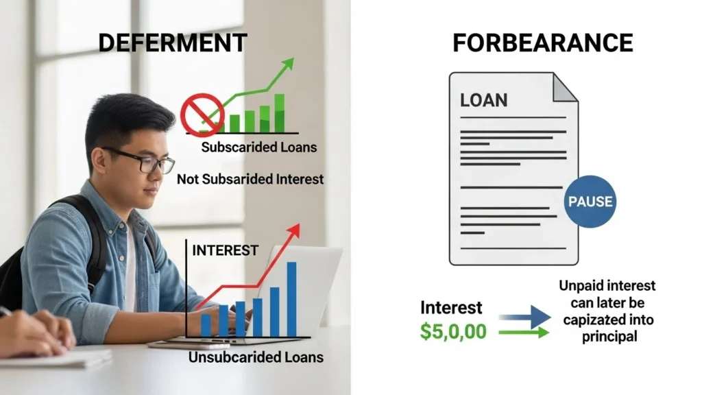 Student loan deferment and forbearance options showing temporary payment relief with continued interest growth