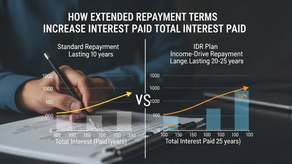 Extended student loan repayment timeline illustrating higher total interest paid over longer loan terms