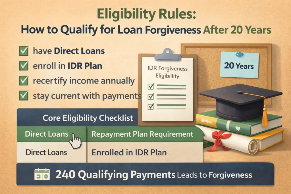 federal student loan forgiveness eligibility rules after 20 years IDR qualifying payments infographic