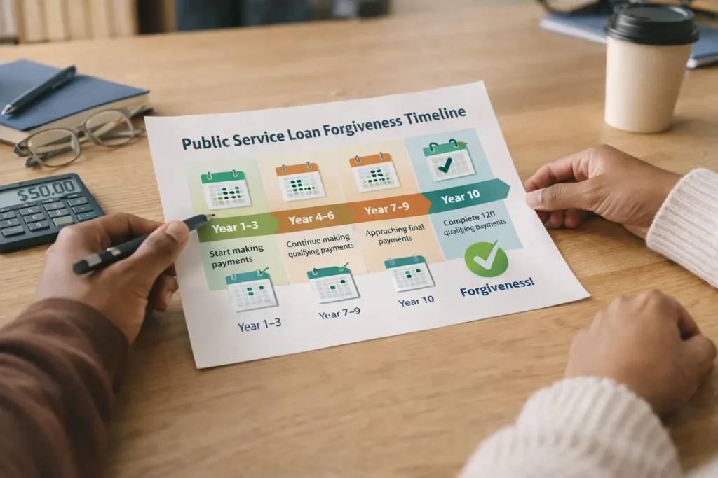 PSLF student loan forgiveness 10 year timeline infographic